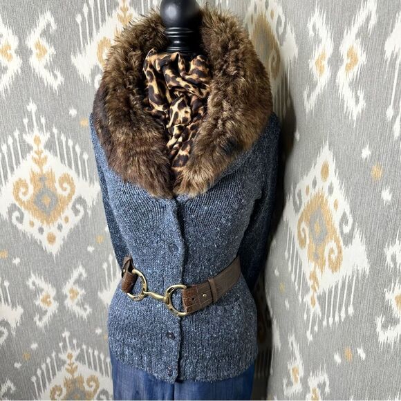 Ralph Lauren Navy Melange Lamb Shearling Shawl Collar Cardigan Sweater - Picture 1 of 16